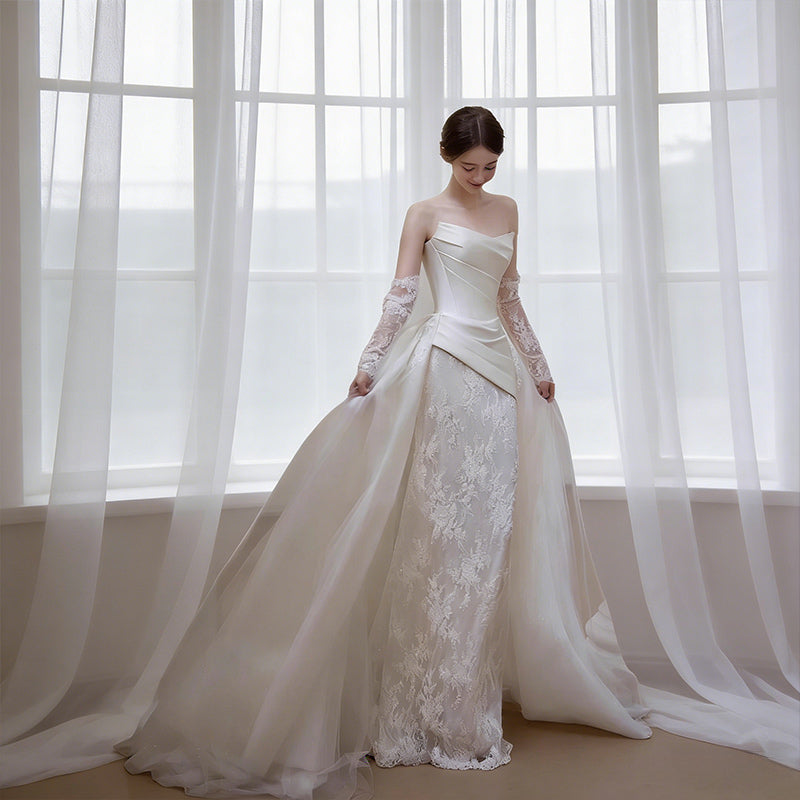 Modernes Brautkleid Meerjungfrau Satin Spitze Handschuhe Retro Edel Standesamt Hochzeit Weiß 32-44