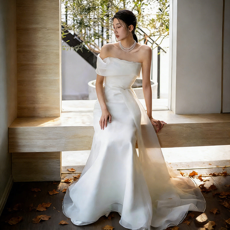 Minimalistisch Brautkleid Meerjungfrau Organza Drapierung Edel Modern Standesamt Weiß Creme 32-44