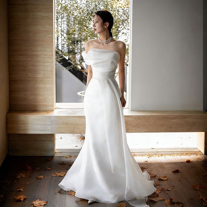 Minimalistisch Brautkleid Meerjungfrau Organza Drapierung Edel Modern Standesamt Weiß Creme 32-44