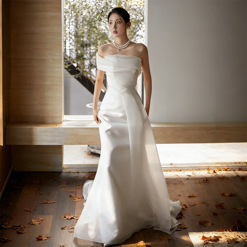 Minimalistisch Brautkleid Meerjungfrau Organza Drapierung Edel Modern Standesamt Weiß Creme 32-44