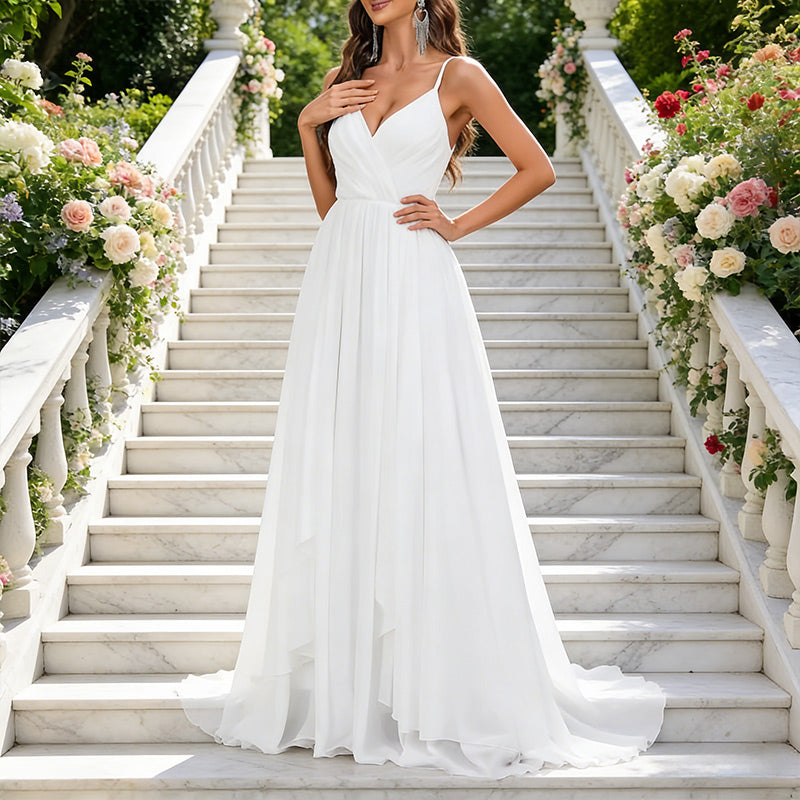 A-Linie Brautkleid in Weiß mit V-Ausschnitt Hochzeitskleid aus Chiffon mit kaskadierendem Stufenrock 2-26W