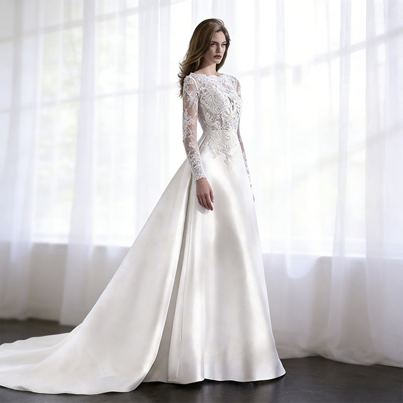 A-Linie Brautkleider Quadratischer Ausschnitt Puffärmel Hochzeitskleid Romantisch Satin 2-16