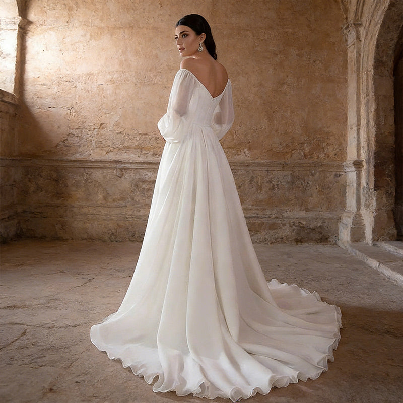A-Linie Brautkleid Weiß – Schulterfreies Hochzeitskleid mit Laternenärmeln und Chiffon-Rock 34-46