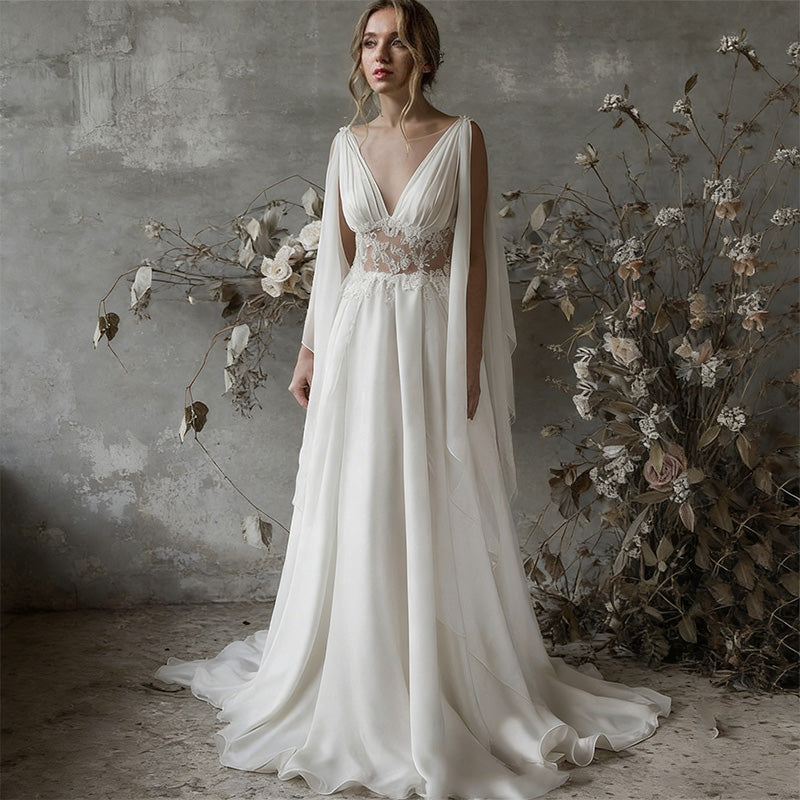 Ätherisches Griechische-Göttin Brautkleid mit Cape-Schultern – Elegante A-Linie aus Chiffon mit Cut-out Spitze 2-26W
