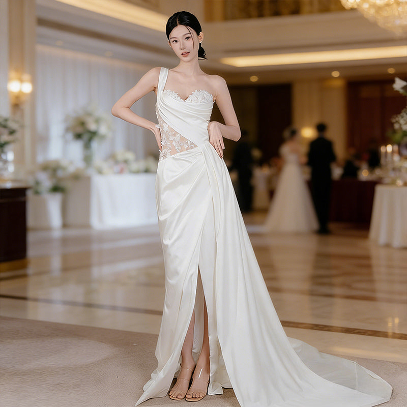 Asymmetrisches Satin Brautkleid mit One Shoulder Design und Transparentem Spitzen Korsett Beinschlitz XS-3XL