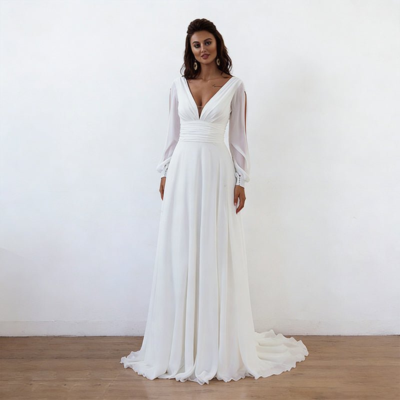 Brautkleid mit Bischofärmeln – A-Linien Hochzeitskleid mit V-Ausschnitt für Wald Gartenhochzeiten 32-42