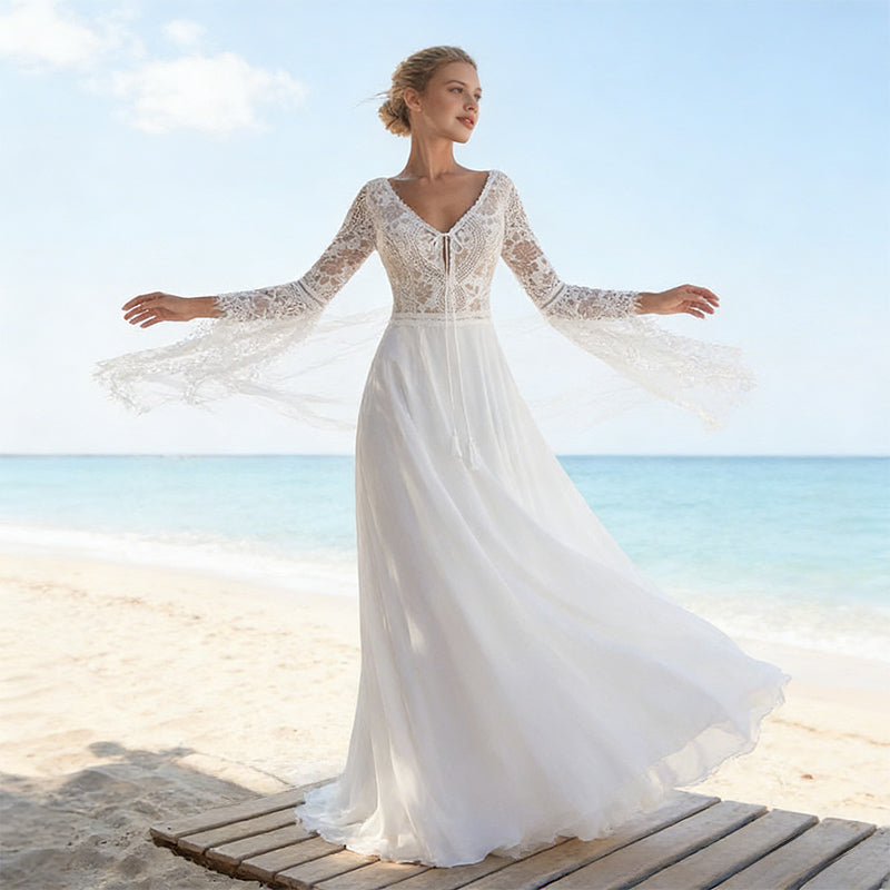 Boho Brautkleid mit Trompetenärmeln und V-Ausschnitt – Hochzeitskleid aus Spitze für Strand Garten 2-16W