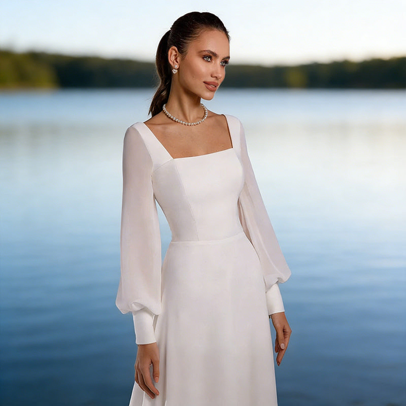 Brautkleid A Linie Weiß Langarm Quadratischer Ausschnitt Hochzeitskleid Chiffon Bodenlang Modern Boho 32-56