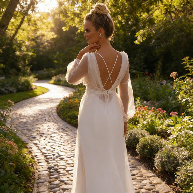 Brautkleid in A-Linie mit Illusions-Ausschnitt – Bodenlanges Hochzeitskleid mit Tüllärmeln und Fall 32-42