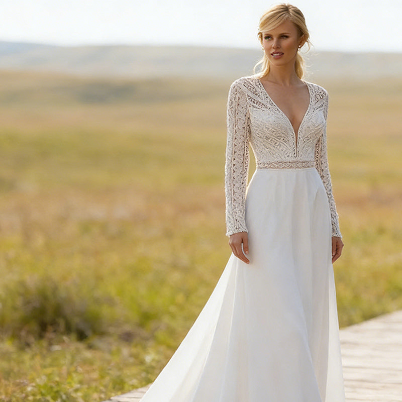 Boho-Brautkleid mit V-Ausschnitt und Spitzenärmeln A-Linien Hochzeitskleid mit geometrischer Spitze 2-26W