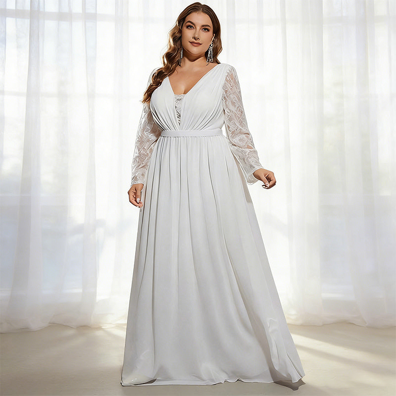 Brautkleid in Übergröße mit V-Ausschnitt und Spitzenärmeln – A-Linien Hochzeitskleid mit Raffungen L-4XL