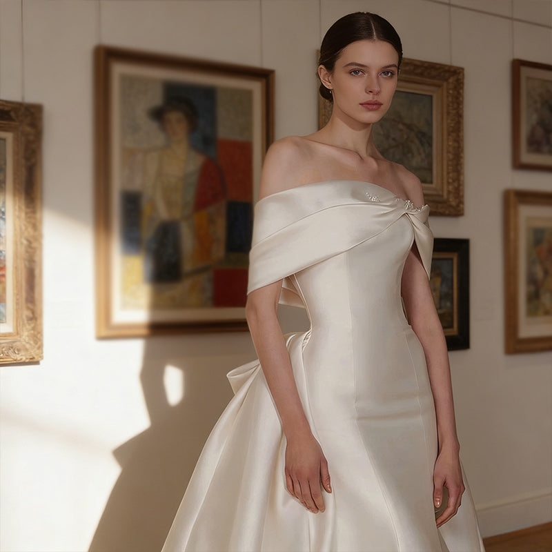 A-Linie Edles Satin Brautkleider Prinzessin im mit Schleppe und elegantem Off-Shoulder-Ausschnitt Elfenbein 2-26W