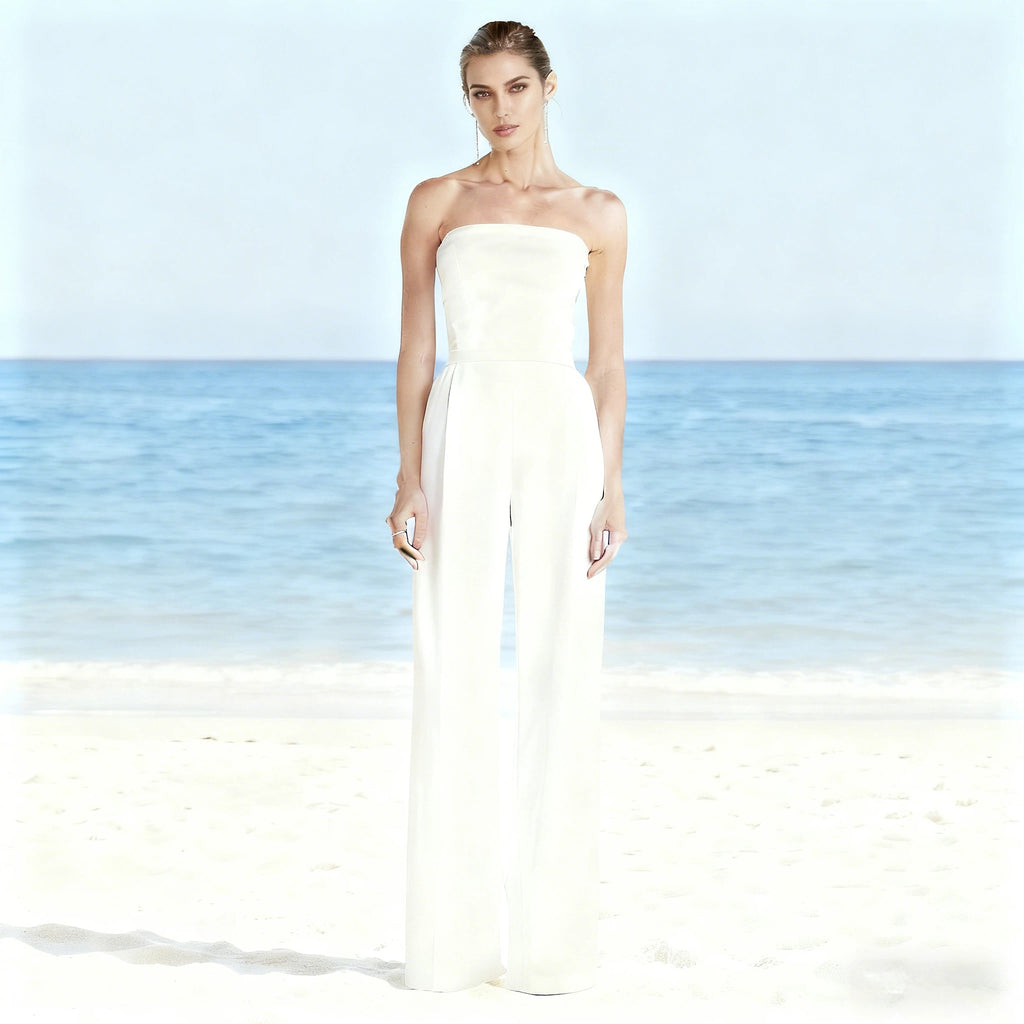 Eleganter Braut Jumpsuit Bodenlang mit V-Ausschnitt und Langarm Hochzeits Hosenanzug 32-38