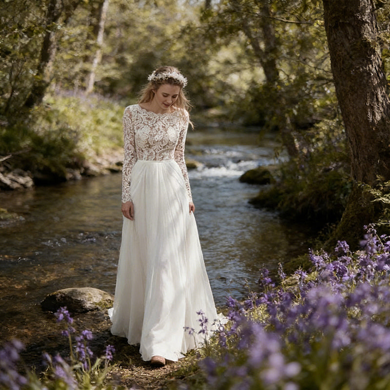 Elegantes Boho Brautkleid Langarm Spitze Chiffon Weiss 34-46