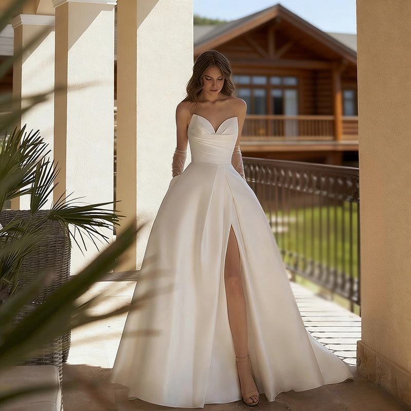 Brautkleider Prinzessin aus Satin A Linie mit Beinschlitz Herz Ausschnitt Modernes Hochzeitskleid Elfenbein 32-56