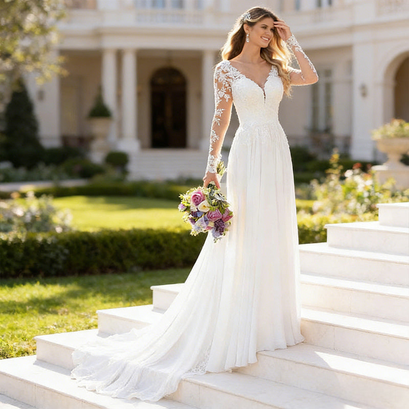 Elegantes Brautkleid aus Spitze A Linie mit V Ausschnitt Langarm Bodenlang Hochzeit 32-56