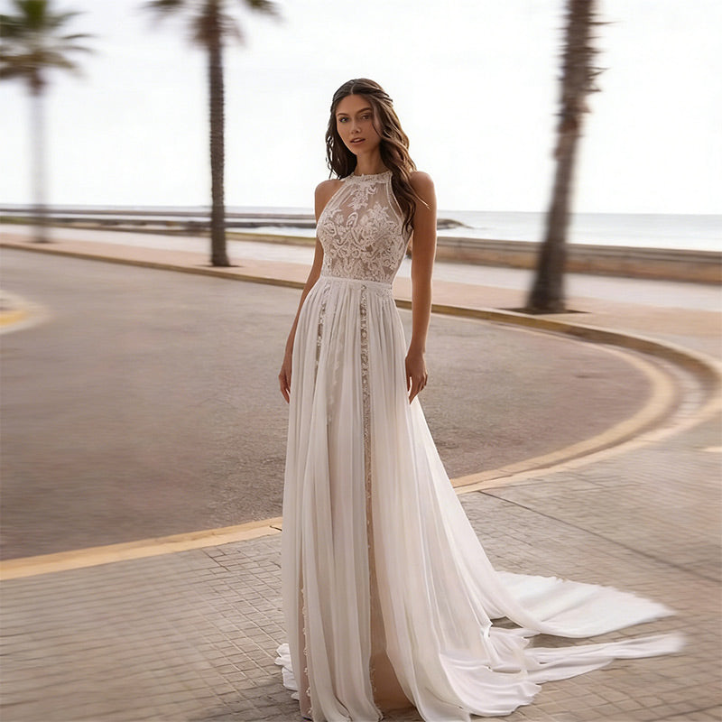 Glamouröses Abendkleid mit Pailletten und hohem Beinschlitz in A Linie 2-26W