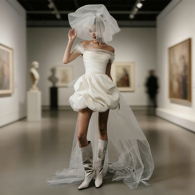 Kurze Glitzerndes Brautkleid Pailletten Stickerei Herz Ausschnitt Elegant mit Lange Schleppe Hochzeitskleid 34-44