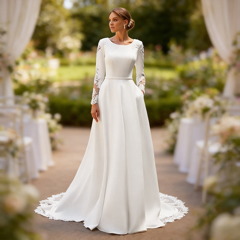 Klassisches Satin Brautkleid mit Spitzenärmeln und Rundhals Ausschnitt Elegantes A Linie Hochzeitskleid 2-26W