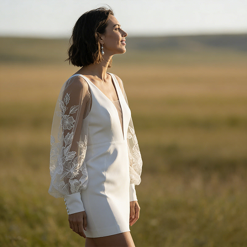 Kurzes Brautkleid Weiß V Ausschnitt Spitze Langarm Hochzeitskleid Etuikleid Modern Elegant Mini Hochzeitskleid S-2XL