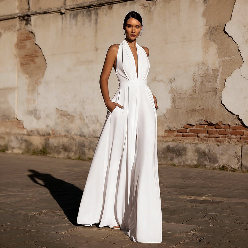 A-Linie Brautkleider in Weiß – mit V-Ausschnitt Wickeloptik und Kreuz-Rückendetail