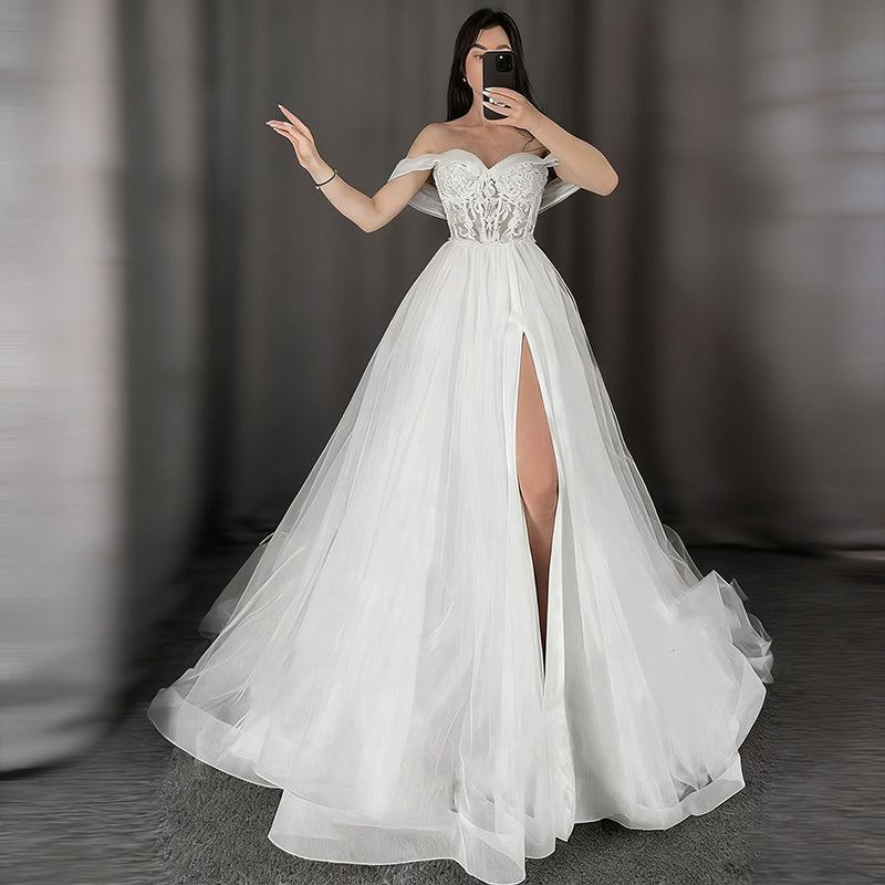 A-Linie Brautkleider Prinzessin mit One-Shoulder-Korsage und Skulpturalem Volant-Rock Edel Satin Elfenbein 2-26W