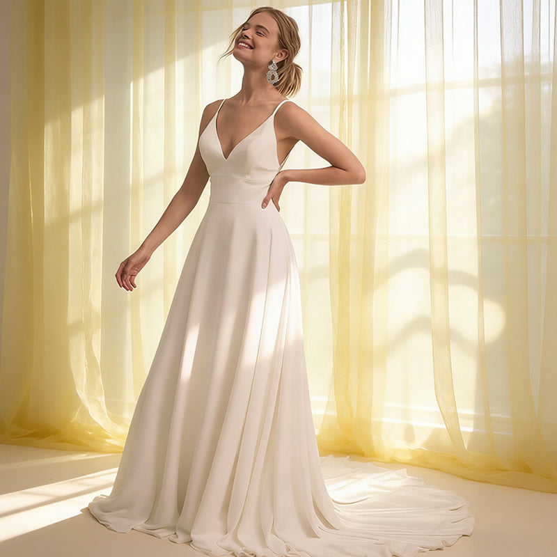 Minimalistisches A-Linien Brautkleid mit Spaghettiträgern – Satin-Hochzeitskleid mit V-Ausschnitt Schleppe 2-26W