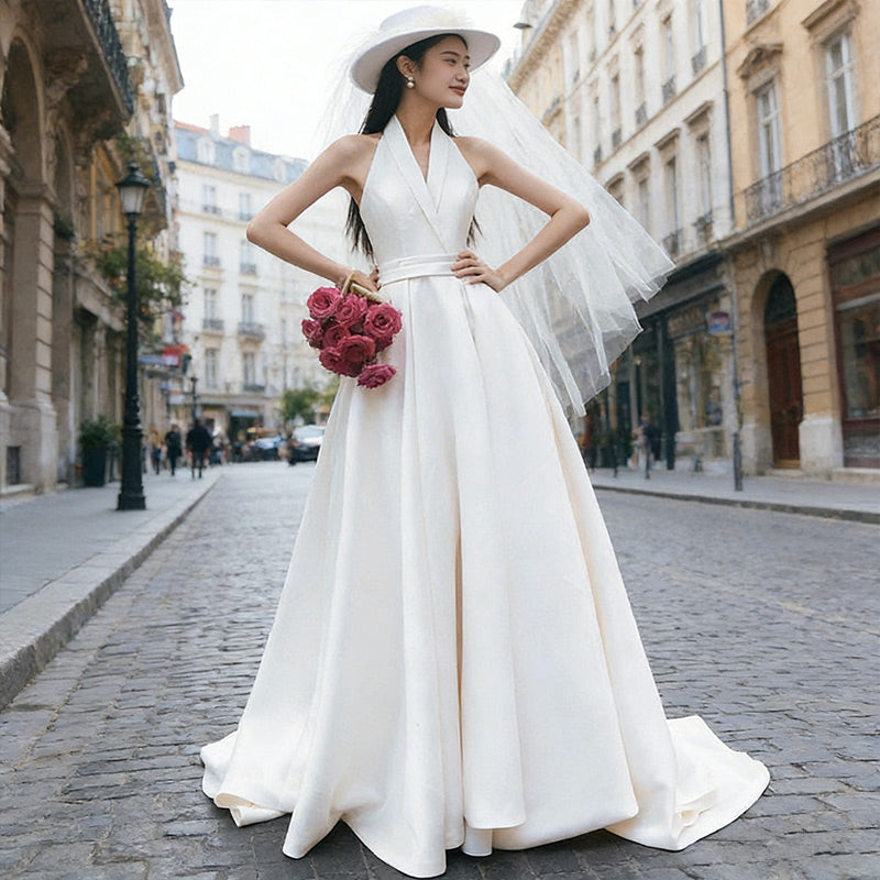 Modernes A-Linie Brautkleid Größe mit Halterneck- Hochzeitskleid aus edlem Satin im Vintage-Stil 32-44