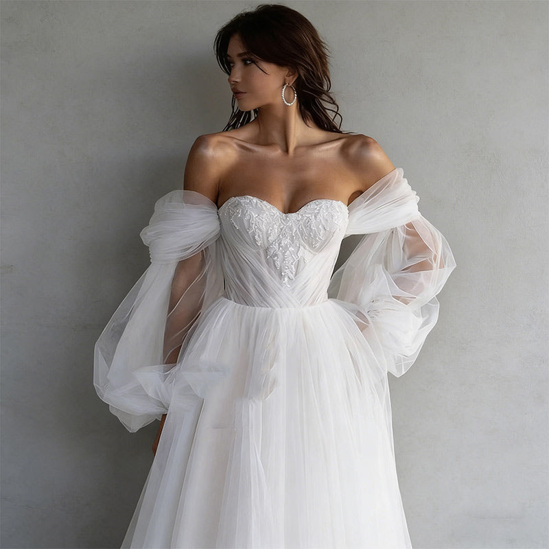 Off-Shoulder Brautkleider Prinzessin mit Herz-Ausschnitt Beinschlitz – Elfenhaftes A-Linien Kleid mit Puffärmeln 2-26W