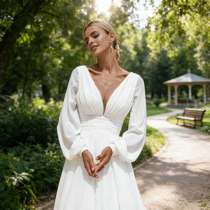 Prachtvolles A-Linien Brautkleid Laternenärmeln – Hochzeitskleid mit tiefem V-Ausschnitt und Schleppe 2-26W