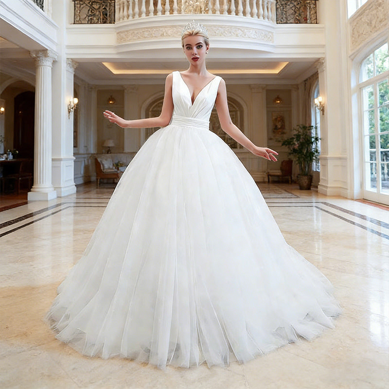 Prachtvolles Brautkleider Prinzessin mit Tiefem V-Ausschnitt und Voluminösem Tüllrock Romantisches Ballkleid Elfenbein XS-3XL