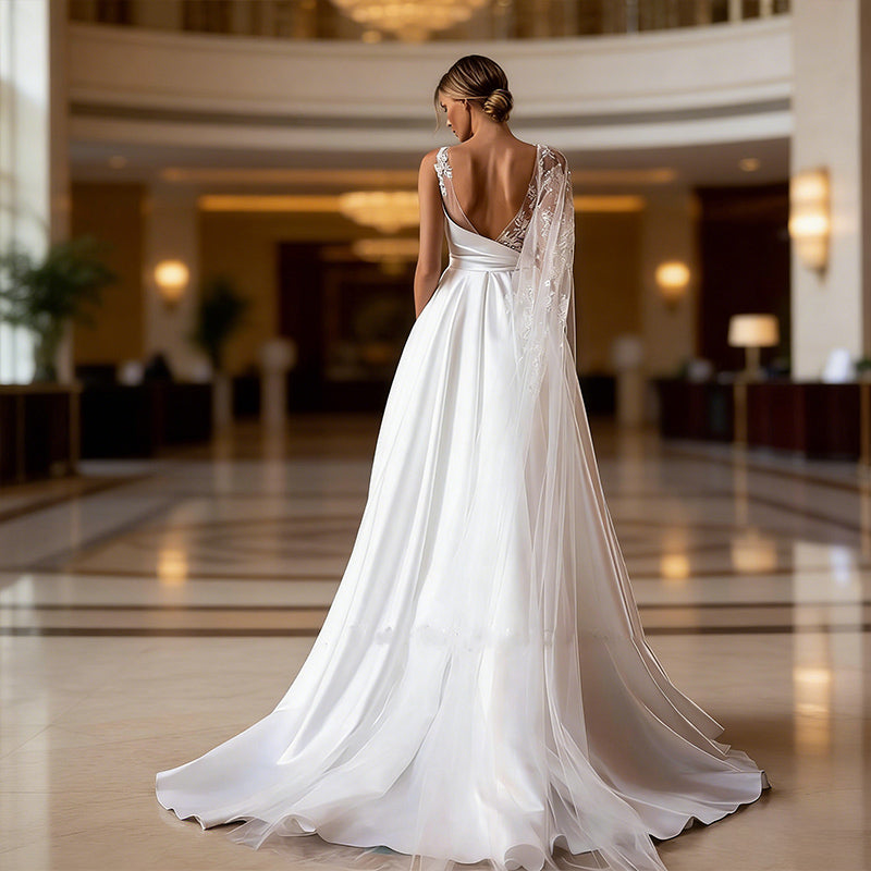 Satin Brautkleider Prinzessin mit One Shoulder Spitze und Cape A Linie Hochzeitskleid Edel Stickerei Elfenbein 34-44