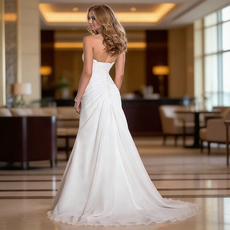 Romantisches Brautkleid in A-Linie mit Herz-Ausschnitt und Kristall-Gürtel Elegantes Chiffon Hochzeitskleid Elfenbein 2-26W