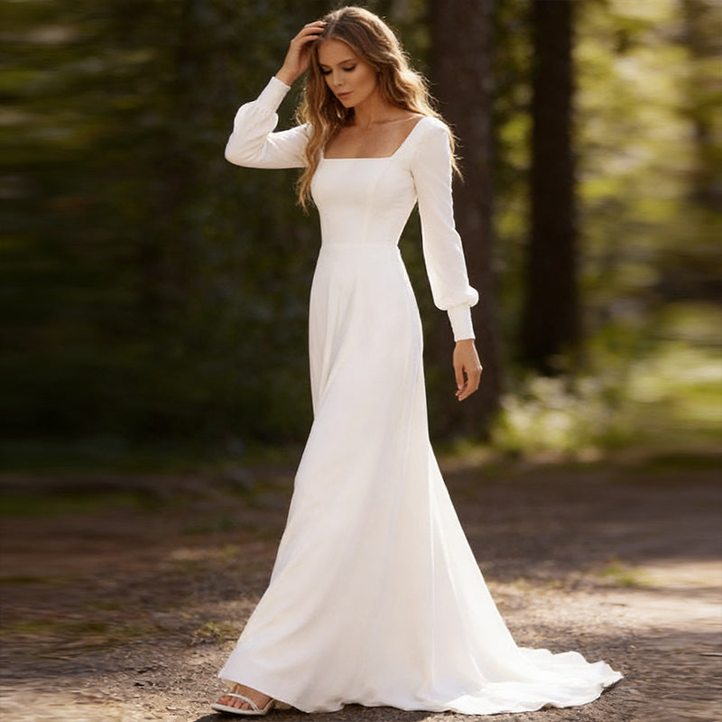 Schlichtes Brautkleid Weiß A Linie Langarm Quadratischer Ausschnitt Hochzeitskleid Chiffon Bodenlang Modern Elegant