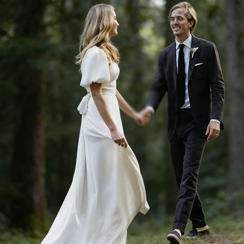 Brautkleider Prinzessin Hochzeitskleid mit Quadratischem Ausschnitt und Puffärmeln Satin Brautkleid A-Linie Retro-Stil XS-2XL