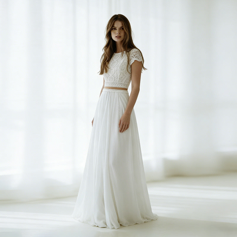 Zweiteiliges Boho Brautkleid aus Spitze und Chiffon Romantisches Crop-Top Hochzeitskleid A-Linie 2-26W