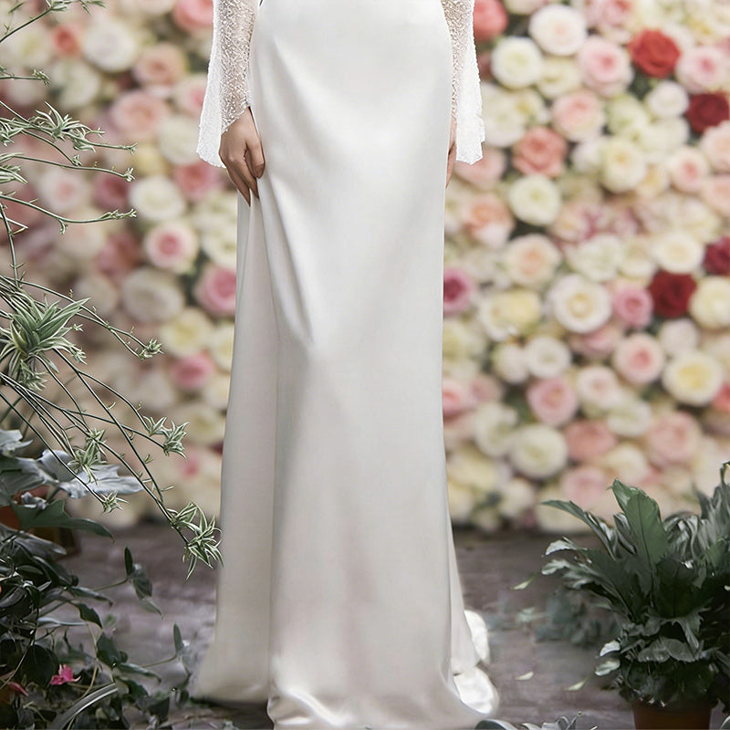 Zweiteiliges Boho Brautkleid mit Glitzer-Caplet und Seidigem Satin Kleid Elegantes A-Linie Hochzeitskleid Elfenbein 32-44