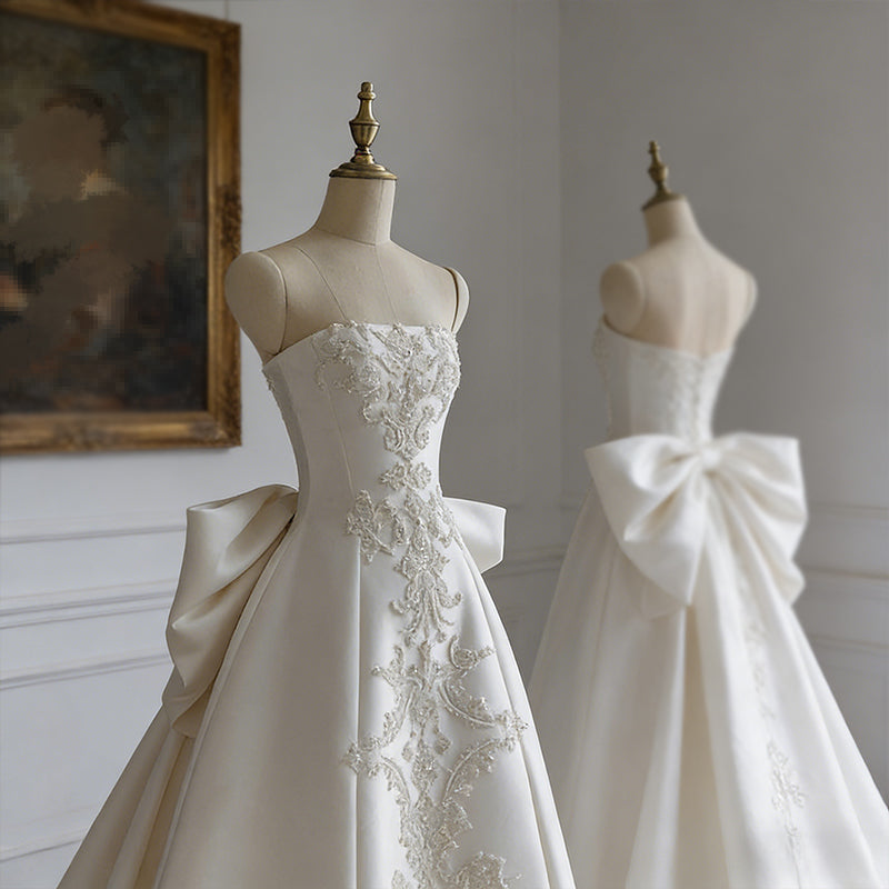 Retro Prinzessin Brautkleid Satin Schleife Bestickt Edel Schloss Hochzeit Hochzeitskleid Weiß 32-44