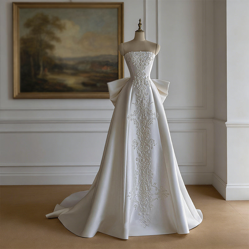 Retro Prinzessin Brautkleid Satin Schleife Bestickt Edel Schloss Hochzeit Hochzeitskleid Weiß 32-44