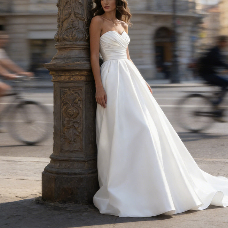 Edel Satin Brautkleid A-Linie Drapierung Herz-Ausschnitt Minimalistisch Modern Hochzeit Weiß 32-44