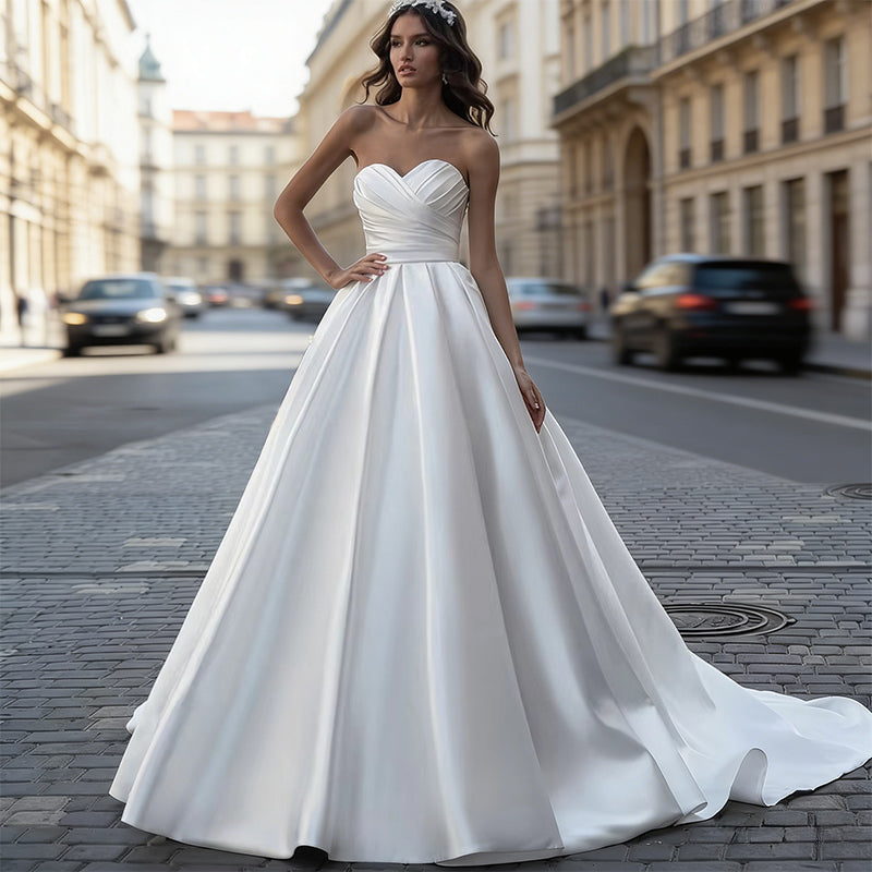 Edel Satin Brautkleid A-Linie Drapierung Herz-Ausschnitt Minimalistisch Modern Hochzeit Weiß 32-44