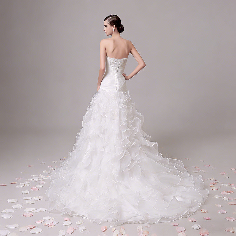 Luxus Brautkleid Volant Meerjungfrau Satin Edel Herz-Ausschnitt Modern Hochzeit Weiß Creme 2-16