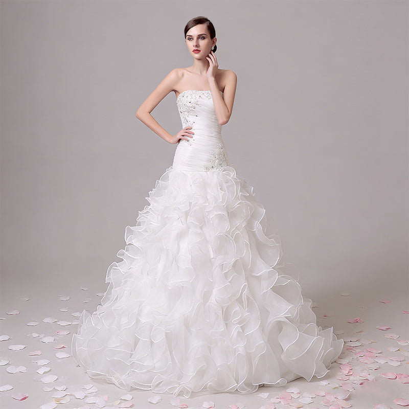 Luxus Brautkleid Volant Meerjungfrau Satin Edel Herz-Ausschnitt Modern Hochzeit Weiß Creme 2-16