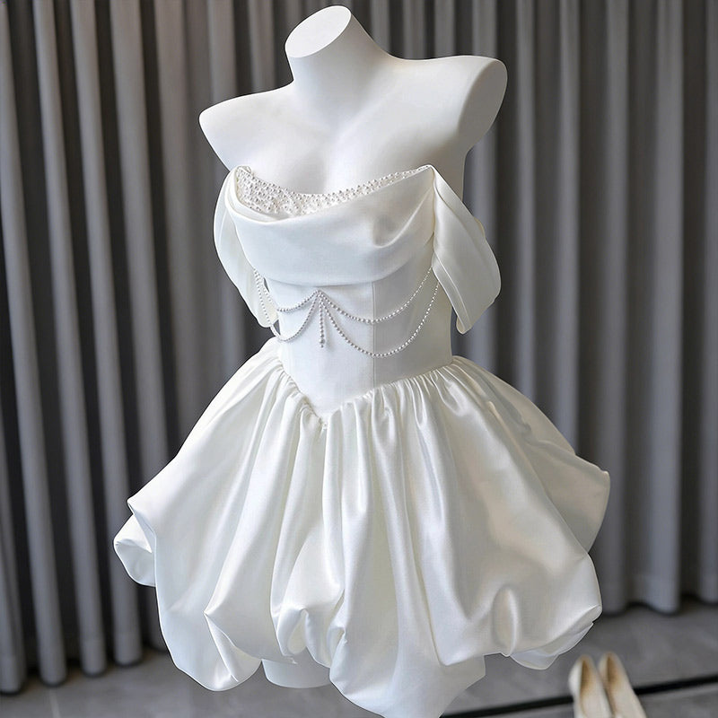 Modern Brautkleid Kurz Satin Trägerlos A-Linie Edel Standesamt Party Weiß Creme 32-44