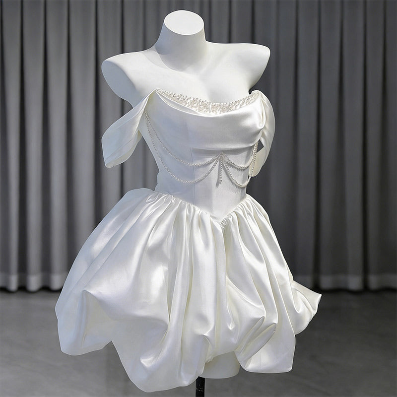 Modern Brautkleid Kurz Satin Trägerlos A-Linie Edel Standesamt Party Weiß Creme 32-44