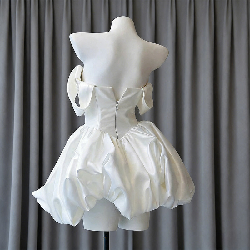 Modern Brautkleid Kurz Satin Trägerlos A-Linie Edel Standesamt Party Weiß Creme 32-44