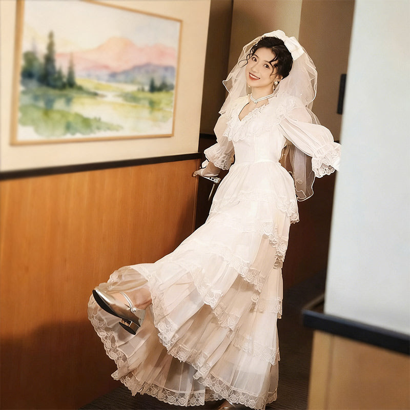 Retro Brautkleid Spitze Stufenrock Langarm Edel Boho Romantisch Weiß Creme Hochzeit Kleid 32-44