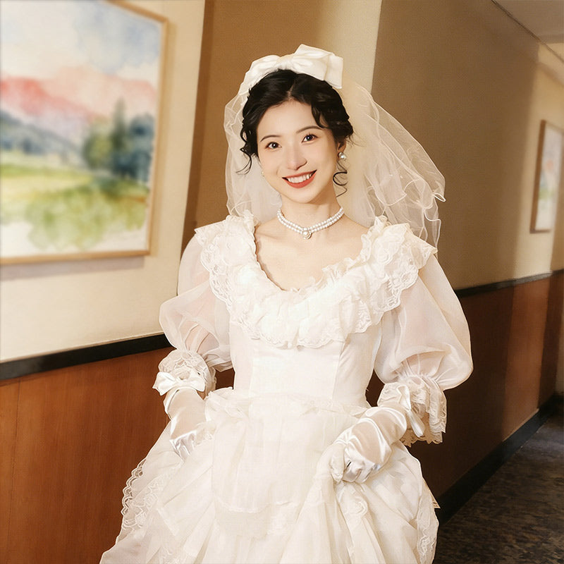 Retro Brautkleid Spitze Stufenrock Langarm Edel Boho Romantisch Weiß Creme Hochzeit Kleid 32-44