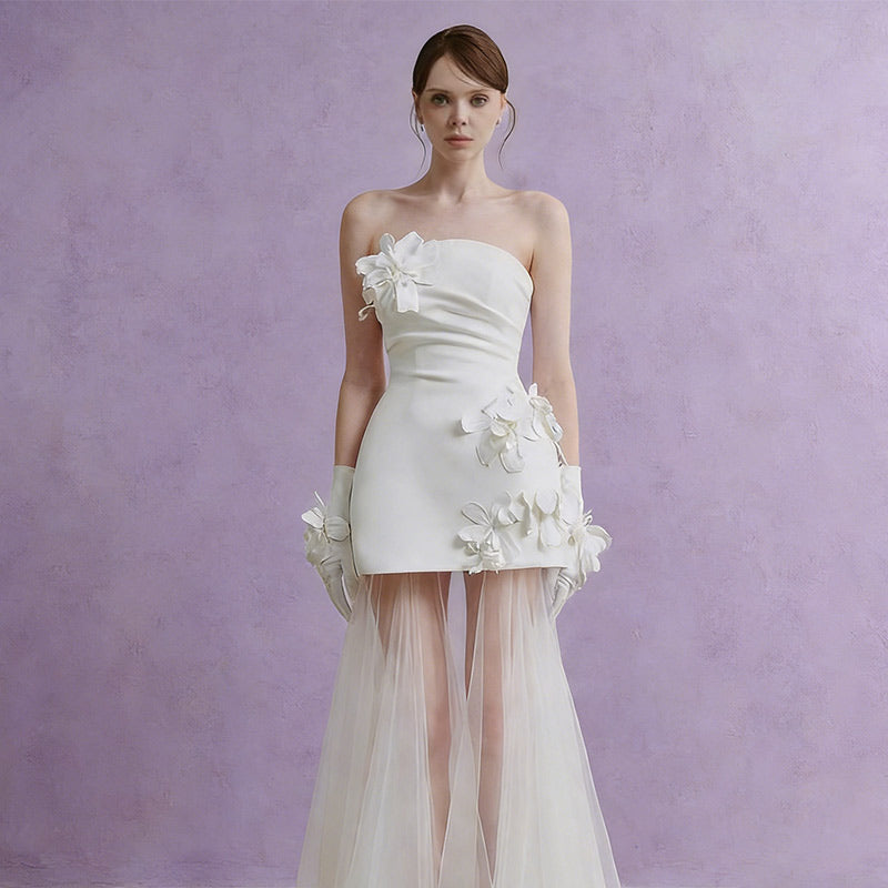 Modern Brautkleid 3D-Blumen Transparent Kurz-Lang Mix Avantgarde Sexy Party Hochzeit Weiß 32-44