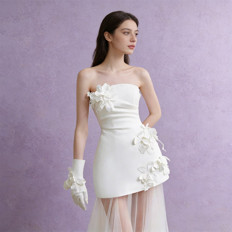 Modern Brautkleid 3D-Blumen Transparent Kurz-Lang Mix Avantgarde Sexy Party Hochzeit Weiß 32-44